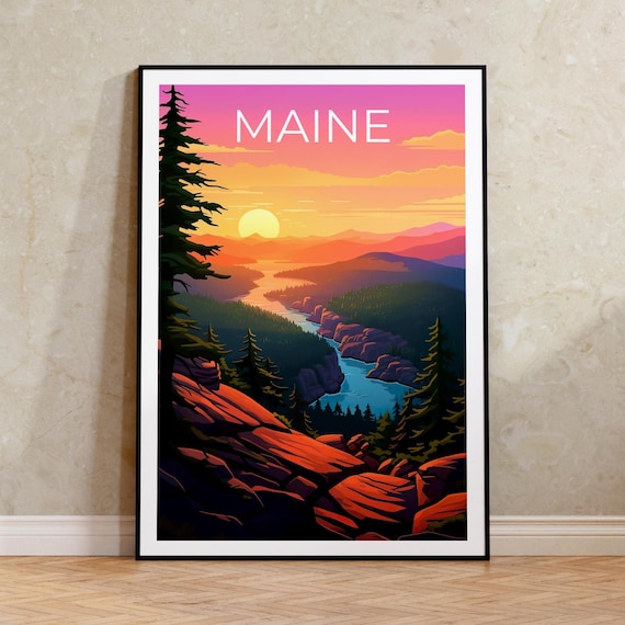 Maine Sunset Coast Pine Forest Scenic Retro Vintage Travel Poster