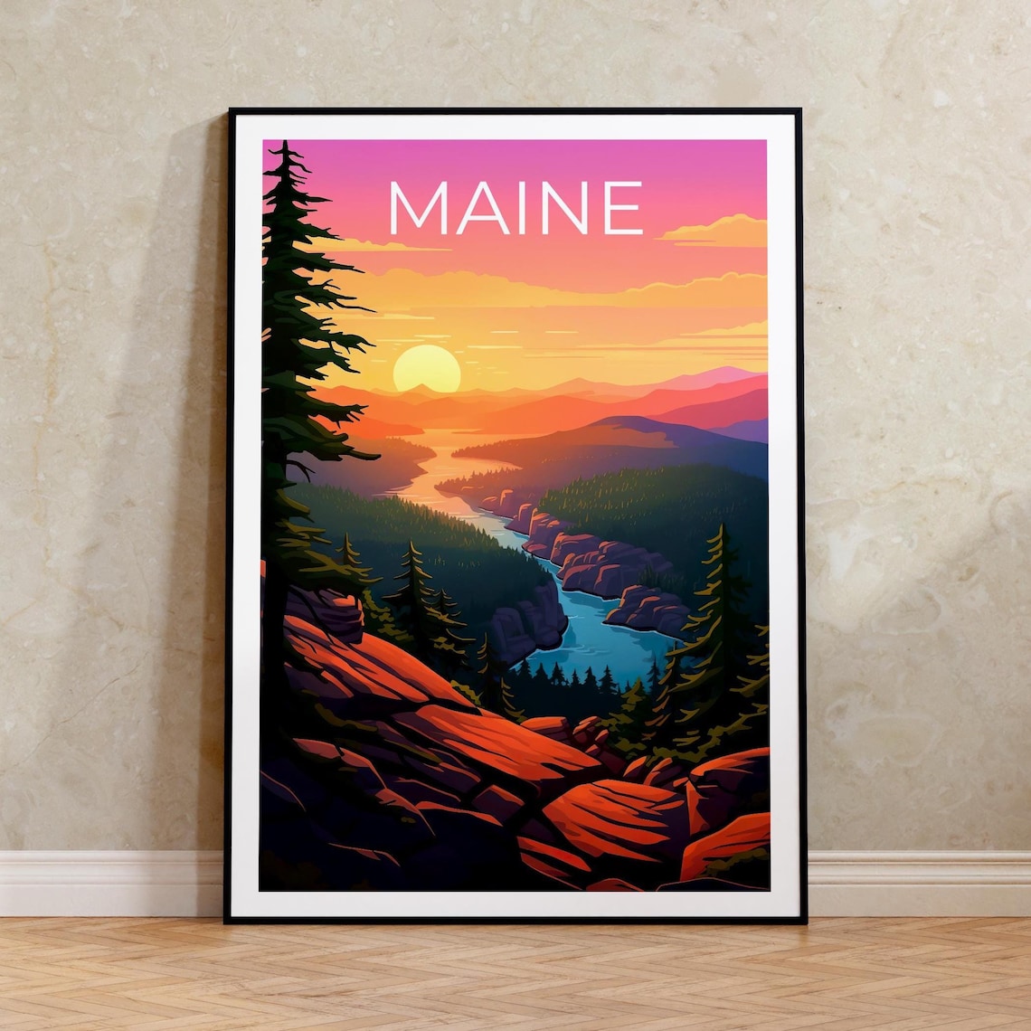 Maine Sunset Coast Pine Forest Scenic Retro Vintage Travel Poster