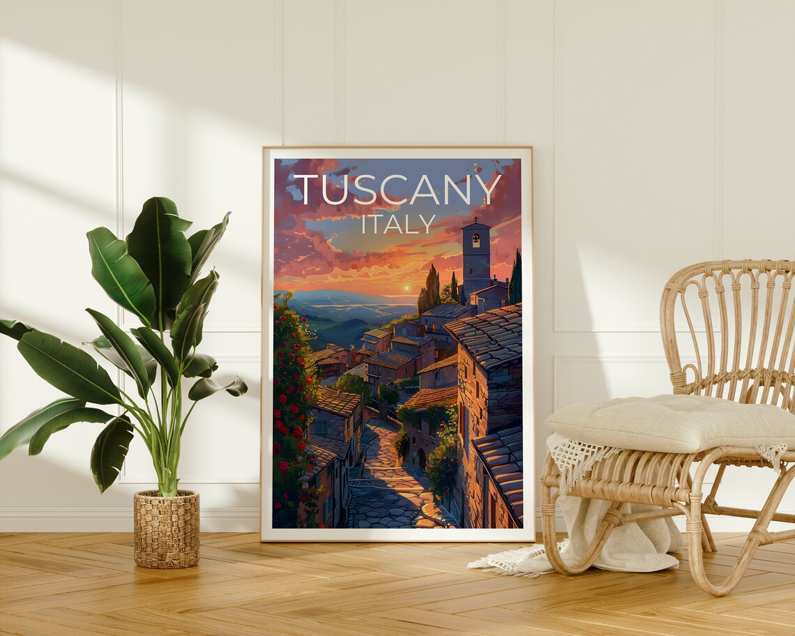 Tuscany Italy Hill Village Stone Bell Tower Sunset Valley View Poster - Image 2