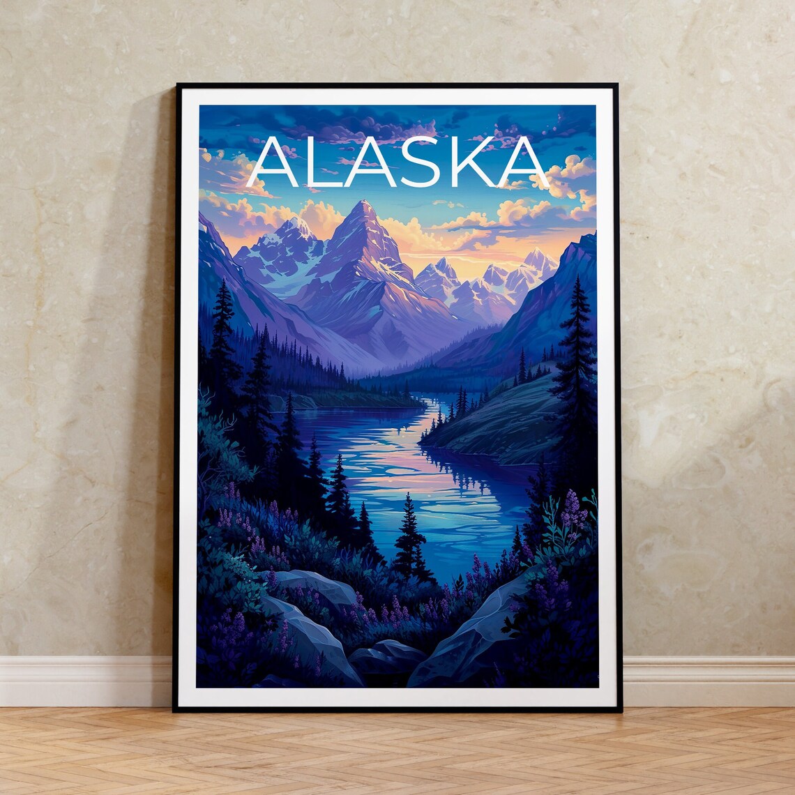 Alaska Travel Poster, Mountain Landscape Art Print
