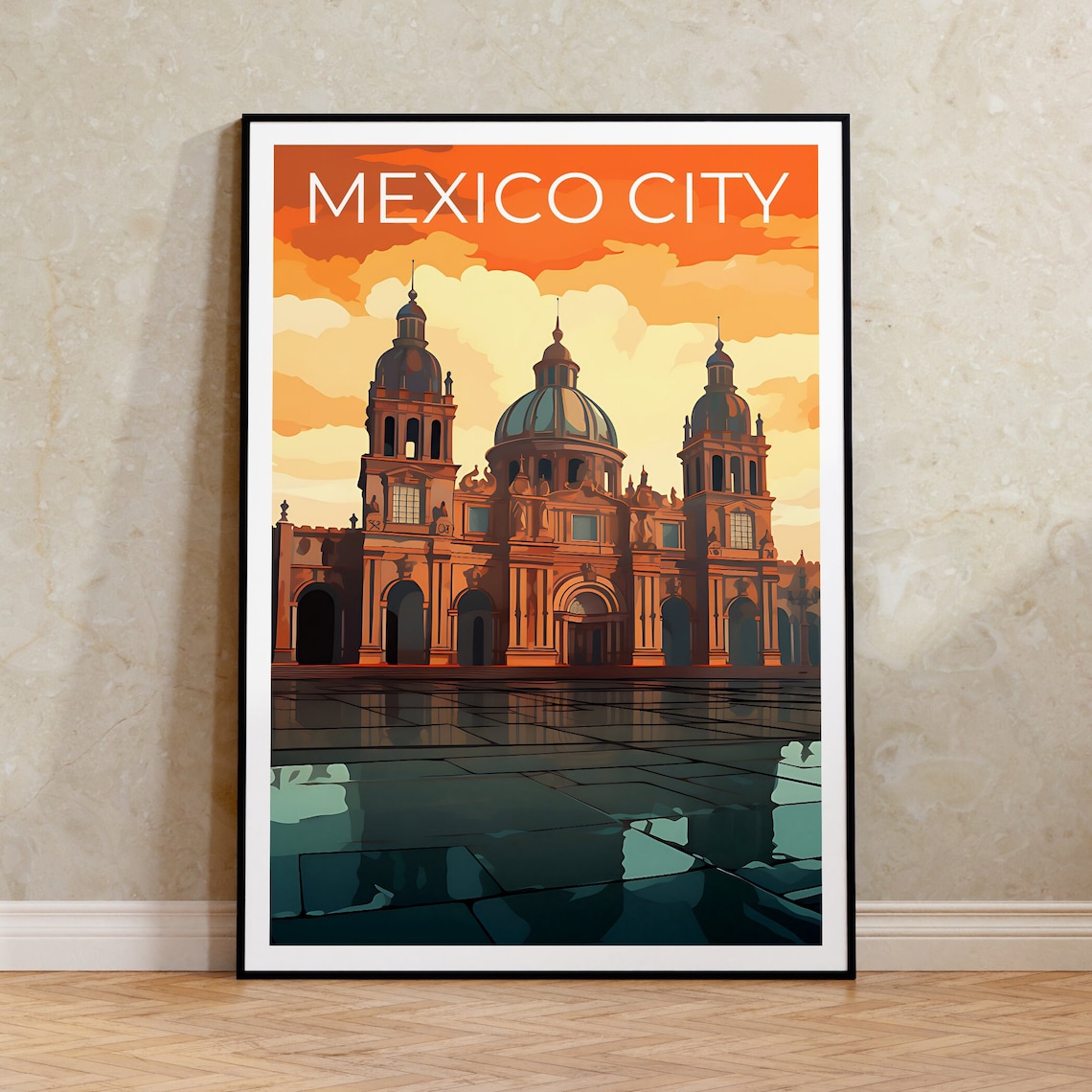 Mexico City Metropolitan Cathedral Fiery Sunset Travel Poster