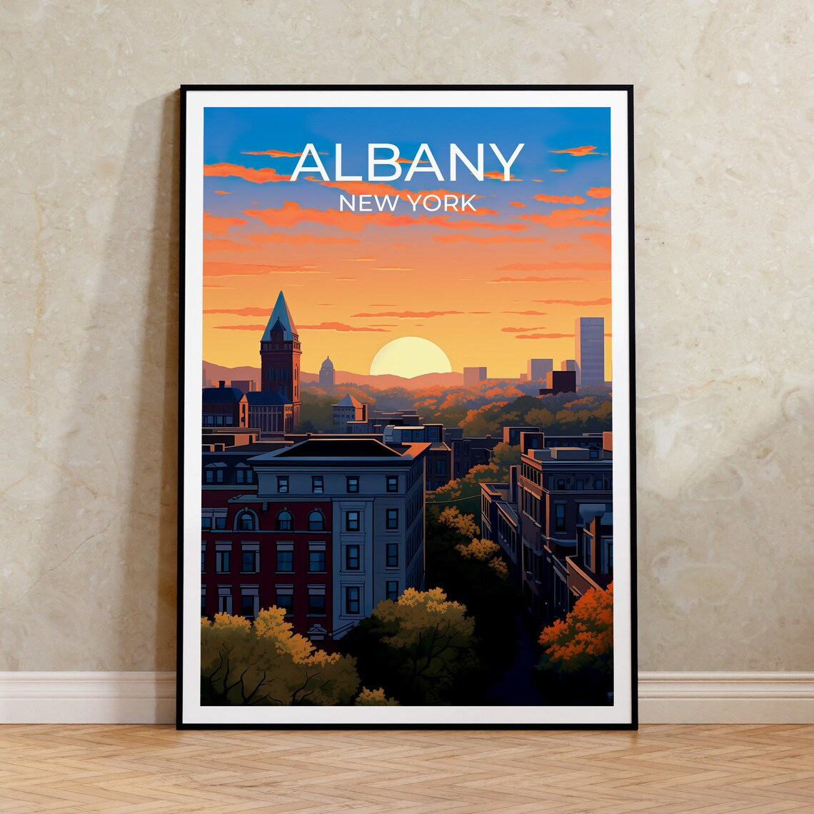 Albany New York Golden Hour City Skyline Sunset Travel Poster