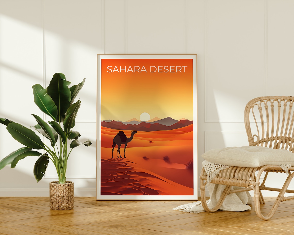 Sahara Desert Camel Silhouette Red Dunes Golden Sunset Travel Poster - Image 2