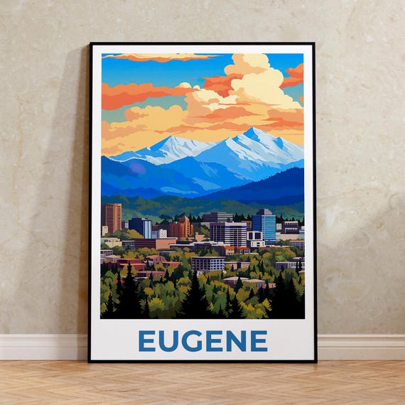 Eugene Travel Print Oregon Poster Rustic City Wall Art Mountain Illustration Landscape Home Decor Birthday Gift