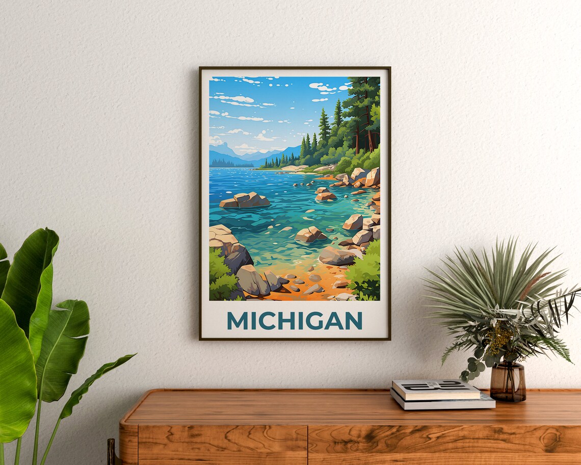 Michigan Travel Poster, Lake Michigan Forest Print - Image 2