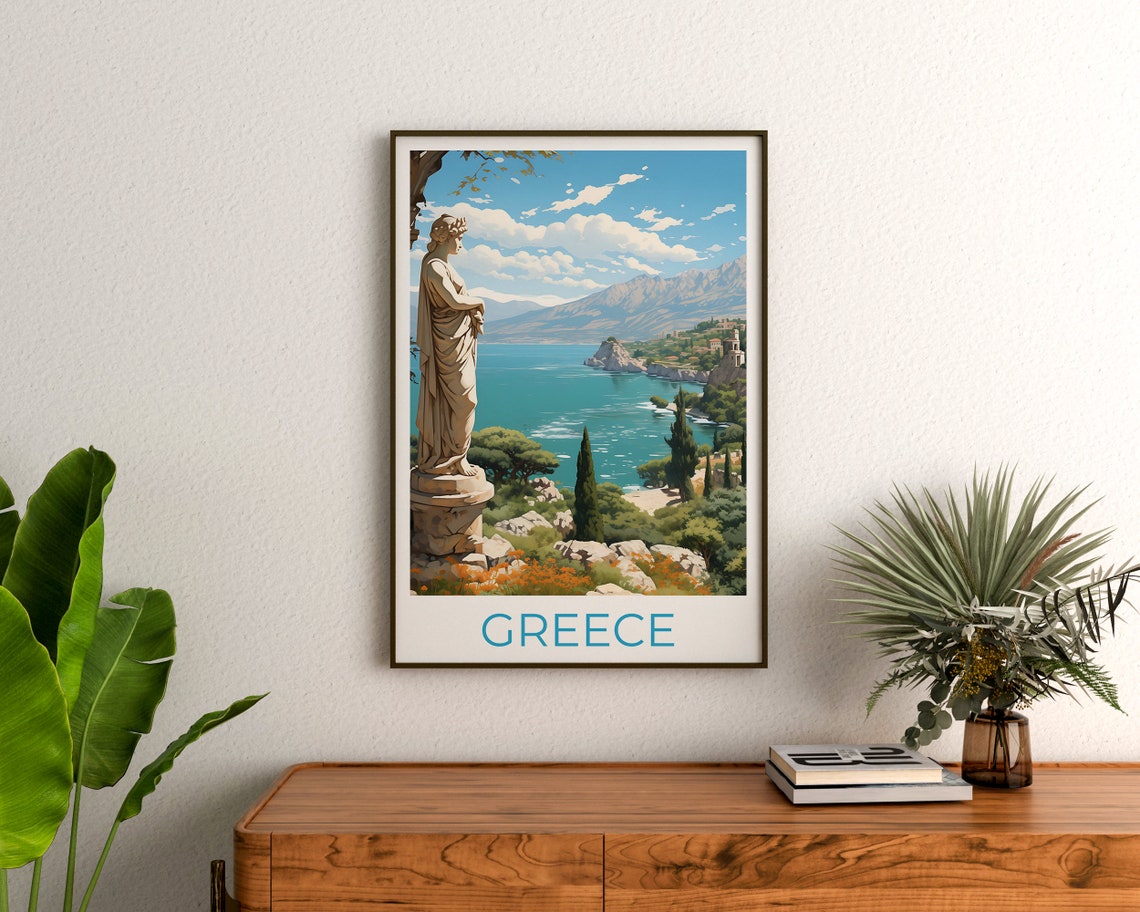 Greece Classical Statue Turquoise Coast Cypress Hillside View Poster - Image 3