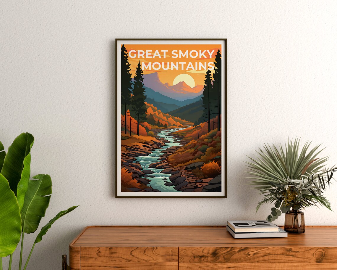 Great Smoky Mountains Autumn River Sunrise Forest Valley Poster - Image 3