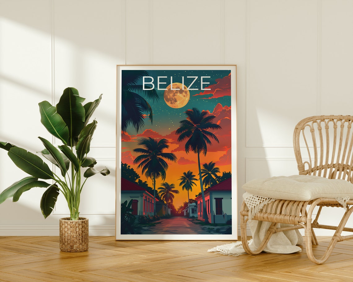 Belize Palm Lined Street Moonlit Sunset Caribbean Scene Poster - Image 2