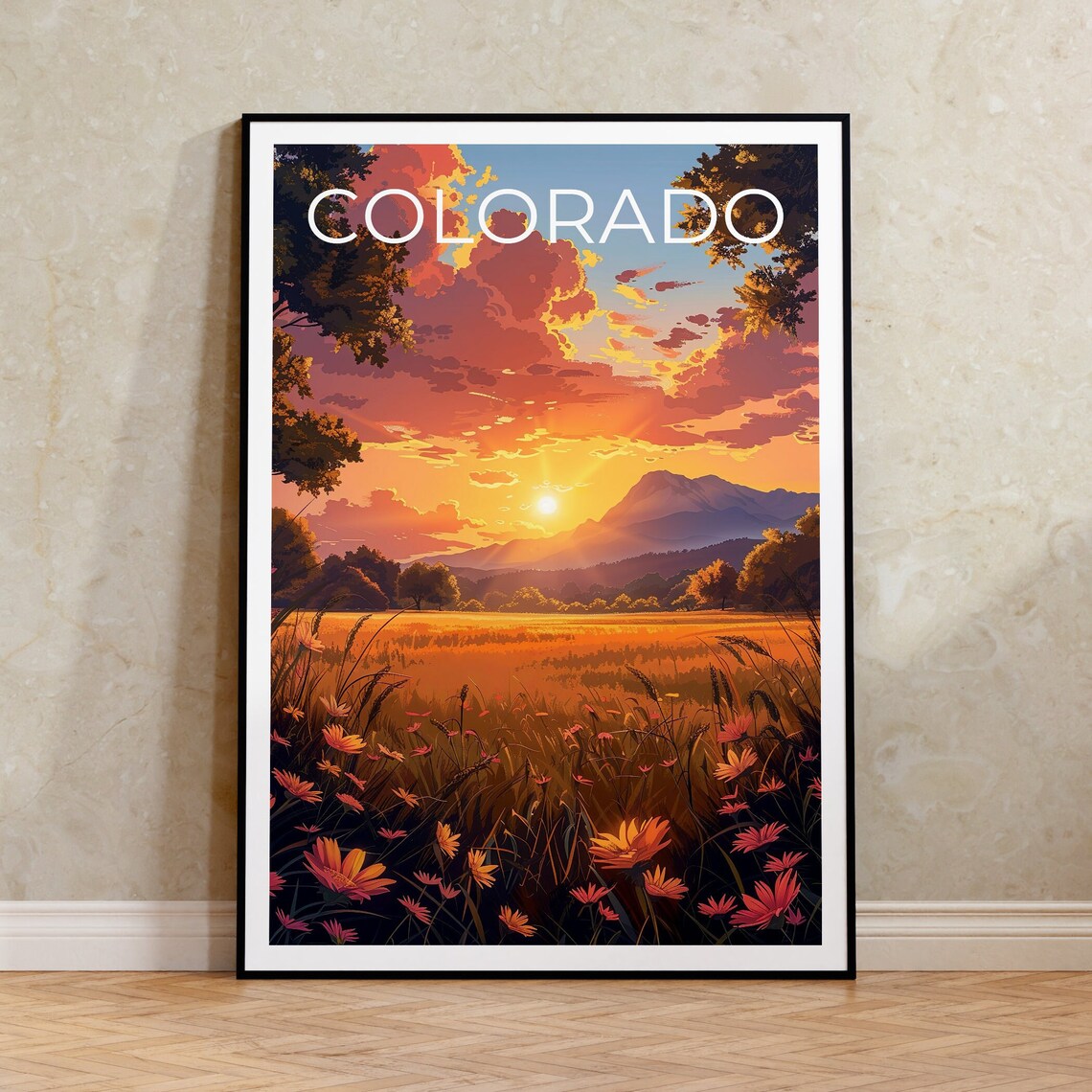 Colorado Wildflower Meadow Sunset Mountain Vista Prairie Travel Poster