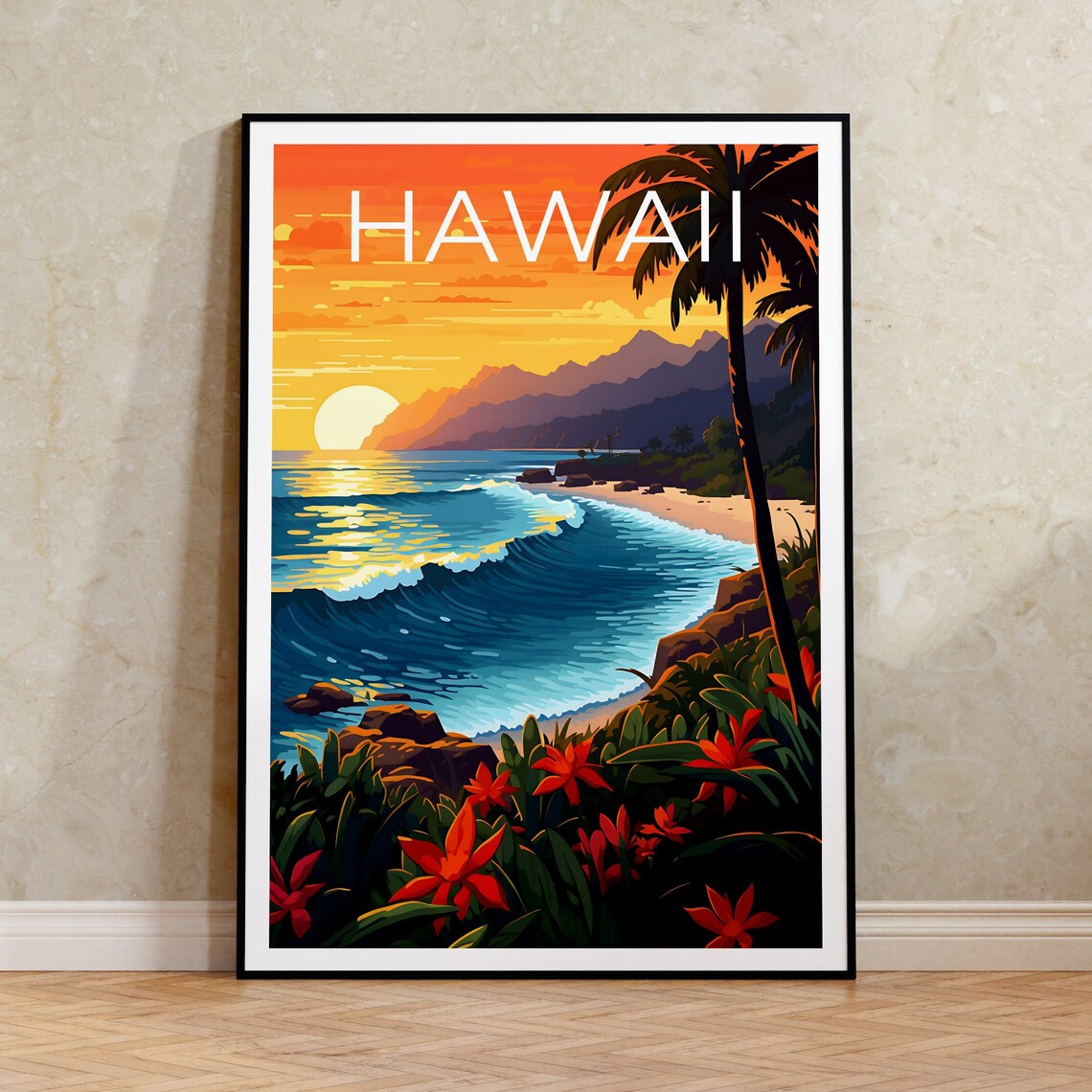Hawaii Tropical Beach Sunset Palm Wave Golden Hour Travel Poster