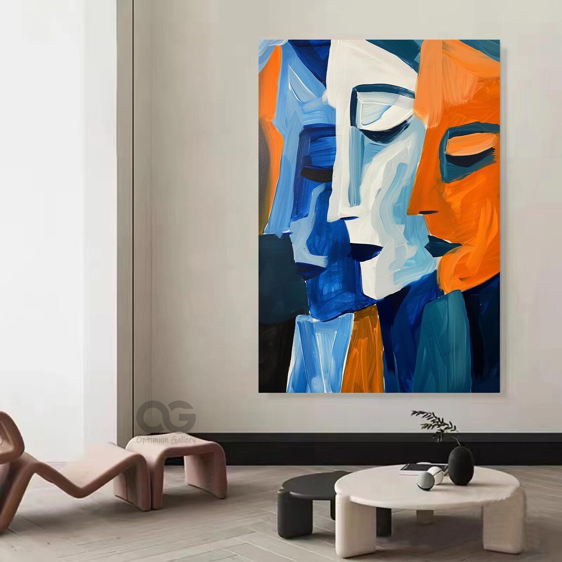 Dual Abstract Faces Blue White Orange Bold Brushstroke Cubist Art Poster - Image 5