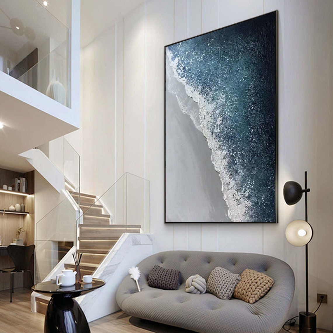 Moody Navy Wave Foam Diagonal Aerial Grey Shore Vertical Art Poster - Image 2