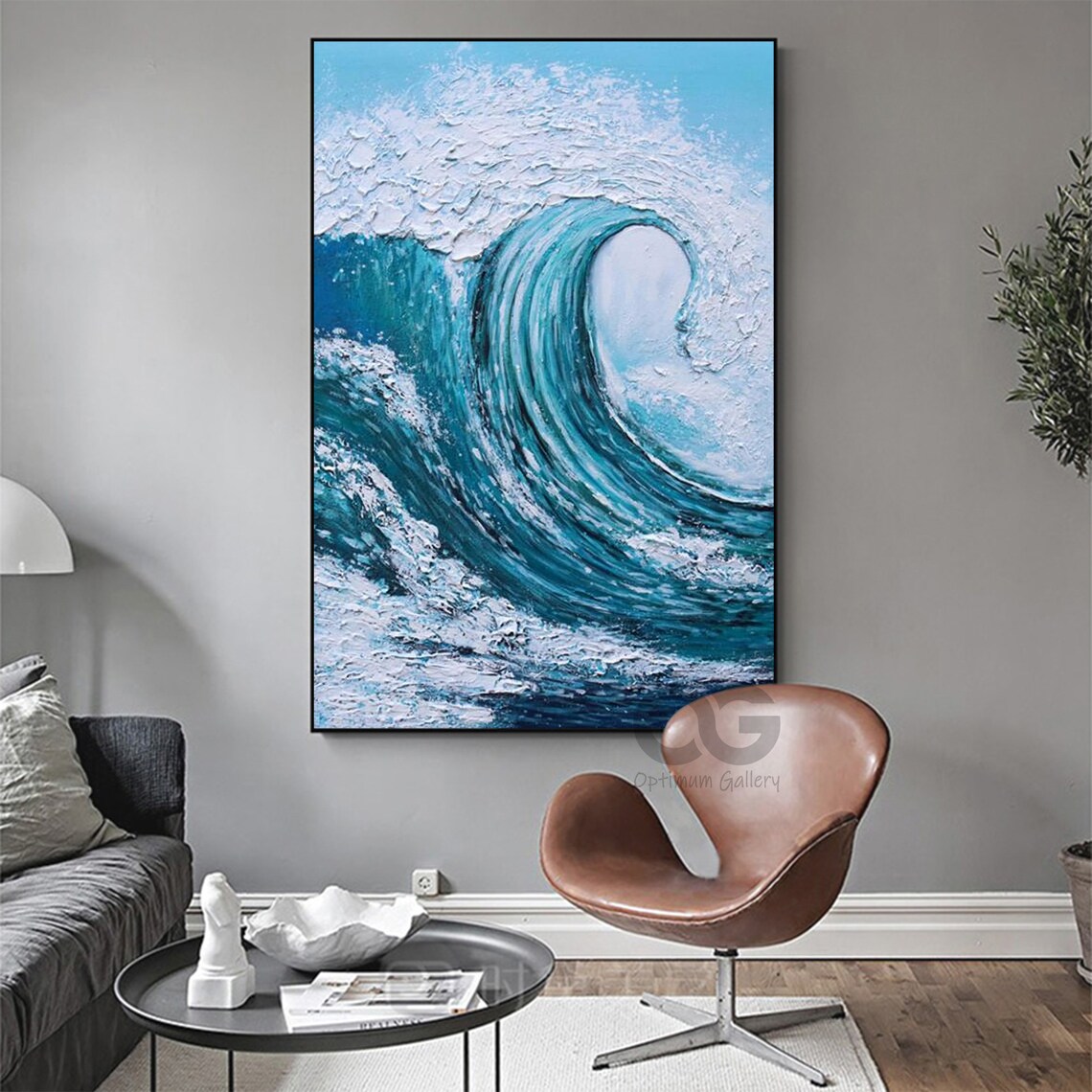Dramatic Turquoise Ocean Wave Painting Curling Foam Impasto Vertical Wall Art Poster - Image 2