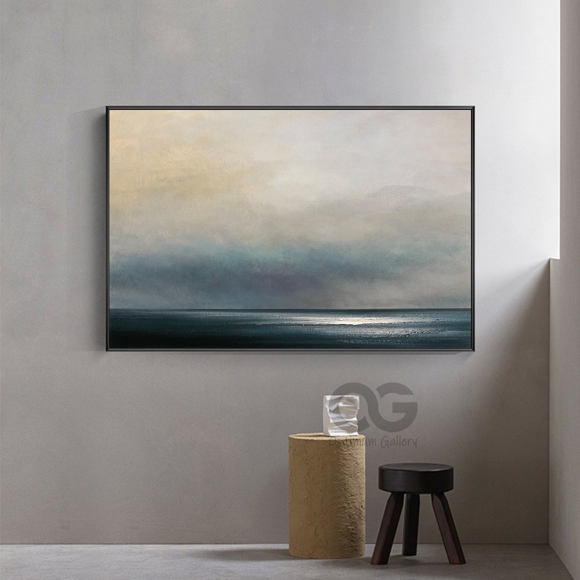Minimalist Abstract Seascape Pale Sky Dark Blue Ocean Square Wall Art - Image 3