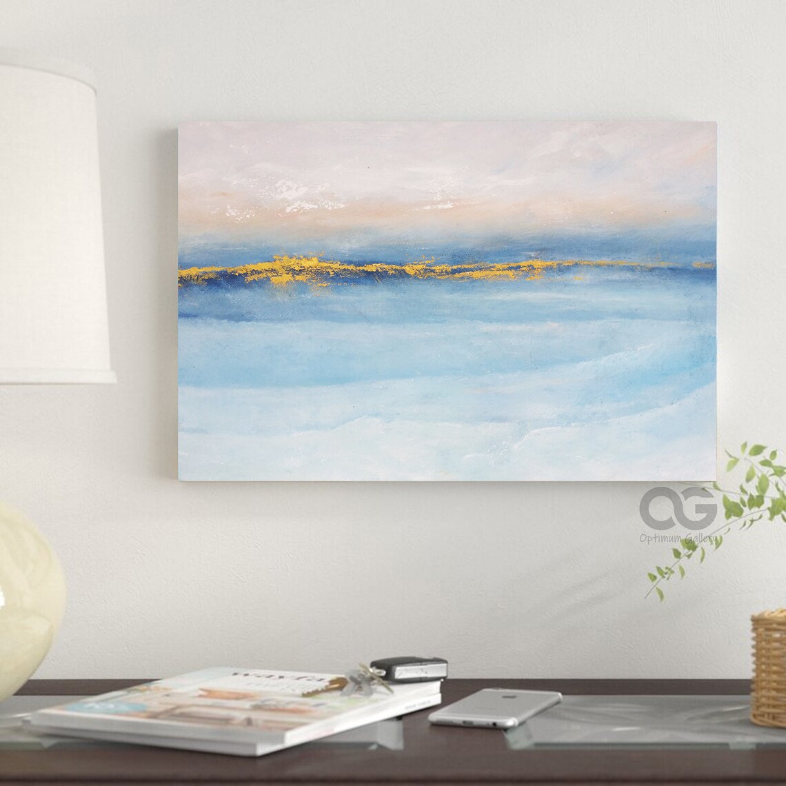 Light Blue Ocean Sunrise Abstract Seascape Gold Horizon Coastal Art Poster - Image 2
