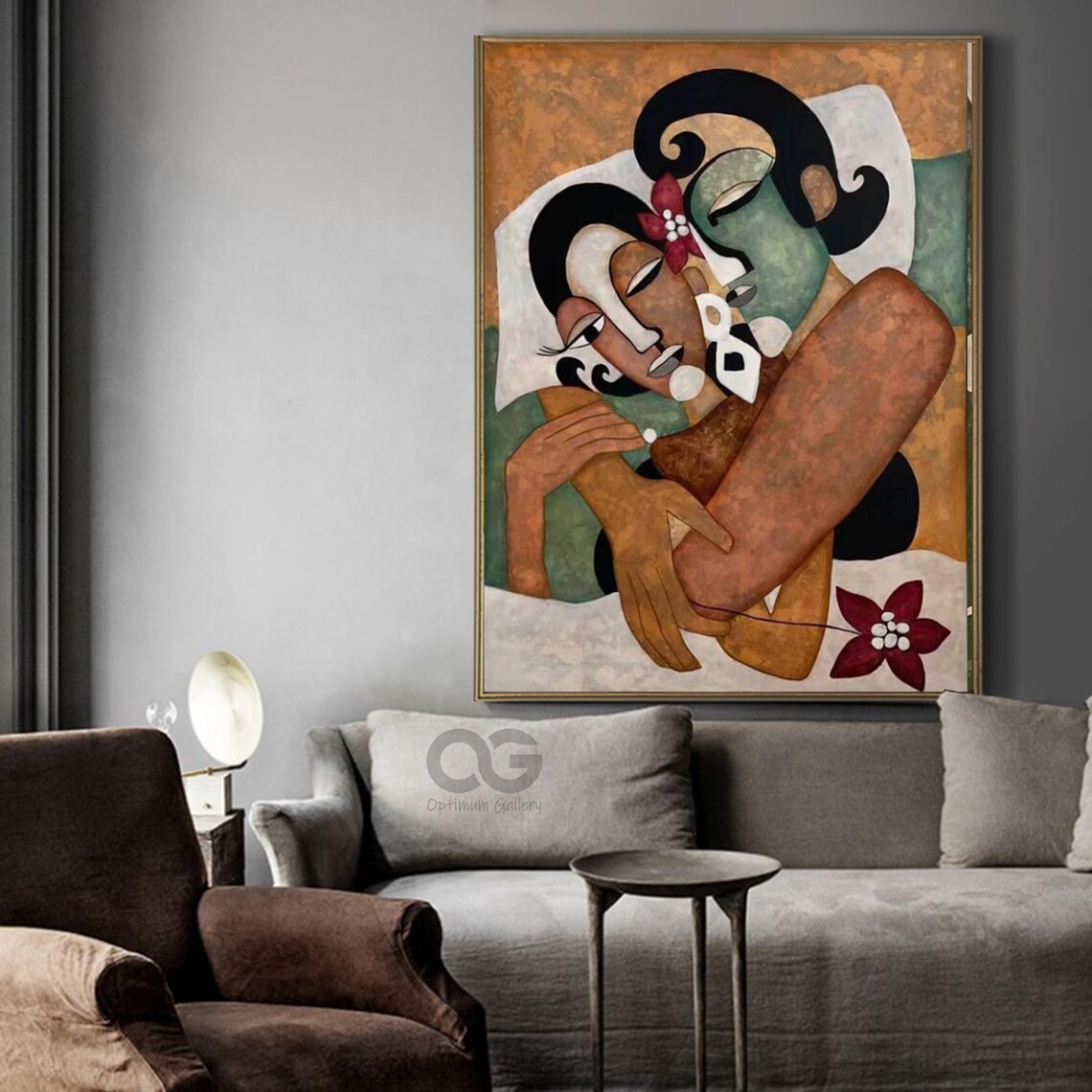 Embracing Couple Abstract Warm Earth Tone Closed Eyes Floral Art Poster - Image 5