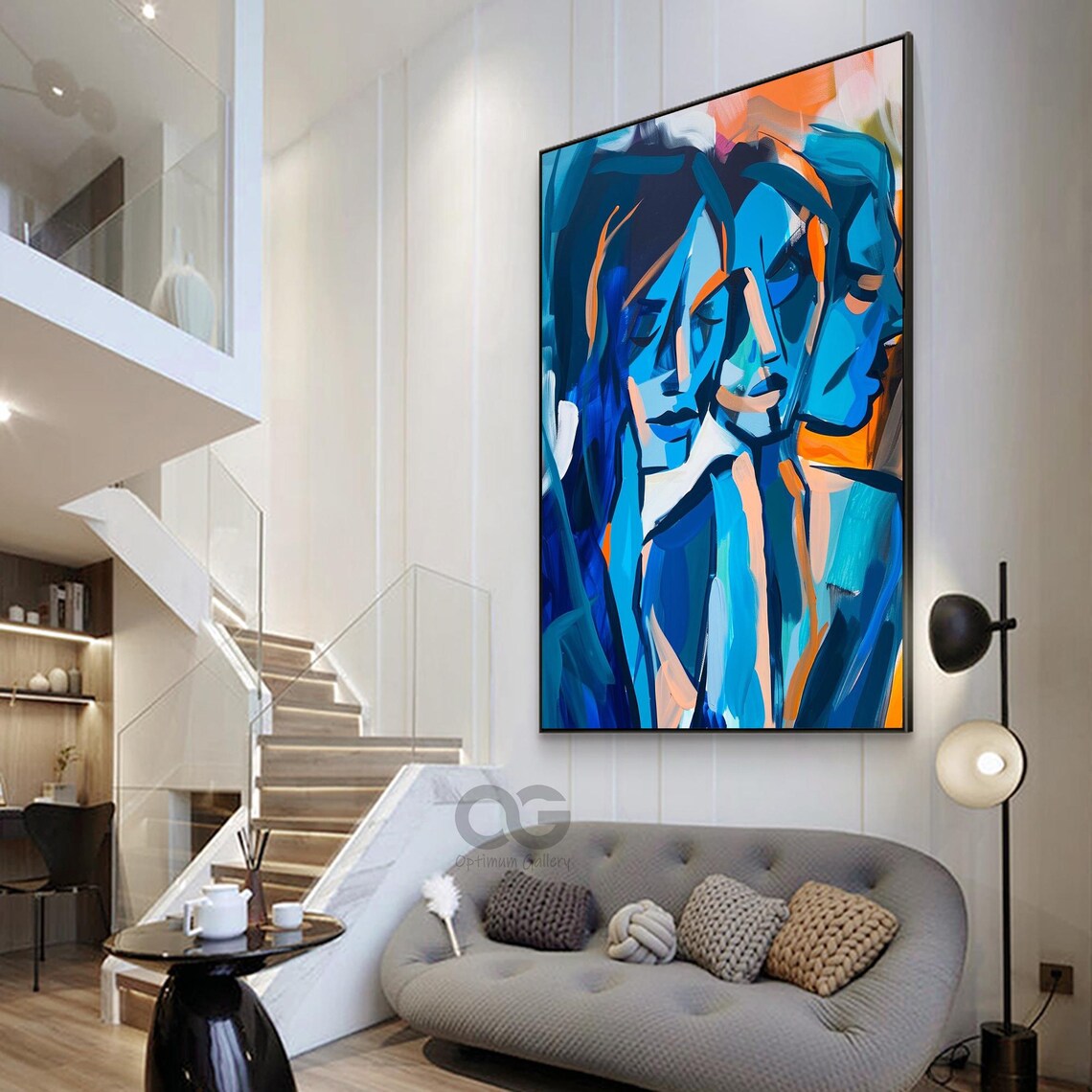 Cobalt Blue Triple Faces Abstract Expressionist Woman Group Painting Poster - Image 3