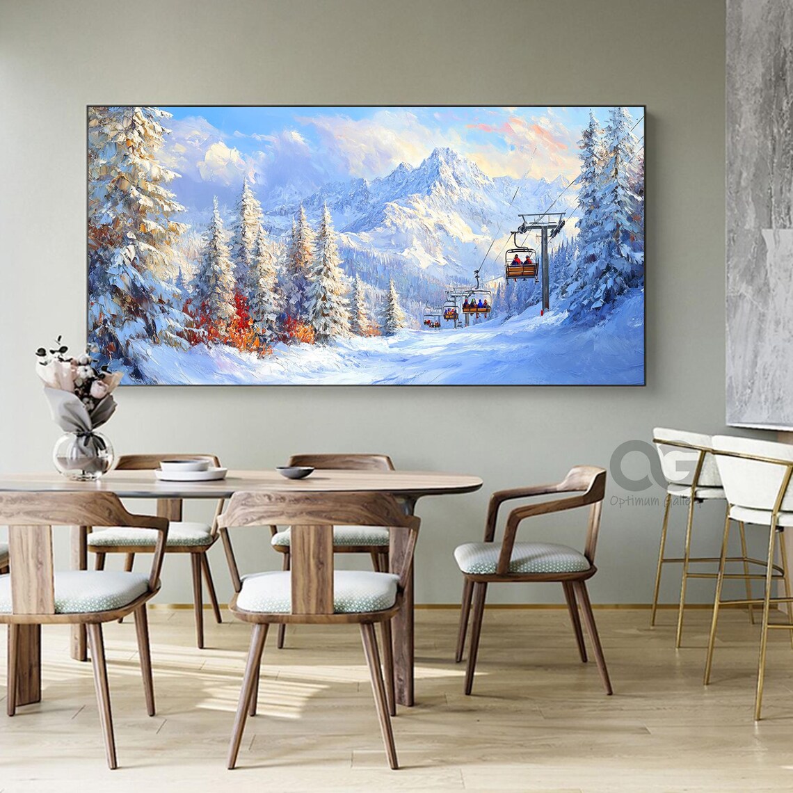 Chairlift Riders Snowy Pines Red Foliage Bright Mountain Ski Poster - Image 4