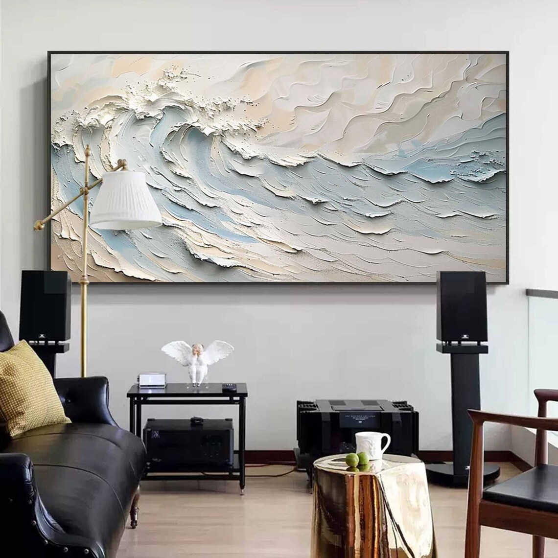 Cream White Curling Wave Blue Gray 3D Textured Gold Framed Painting Wall Art - Image 5