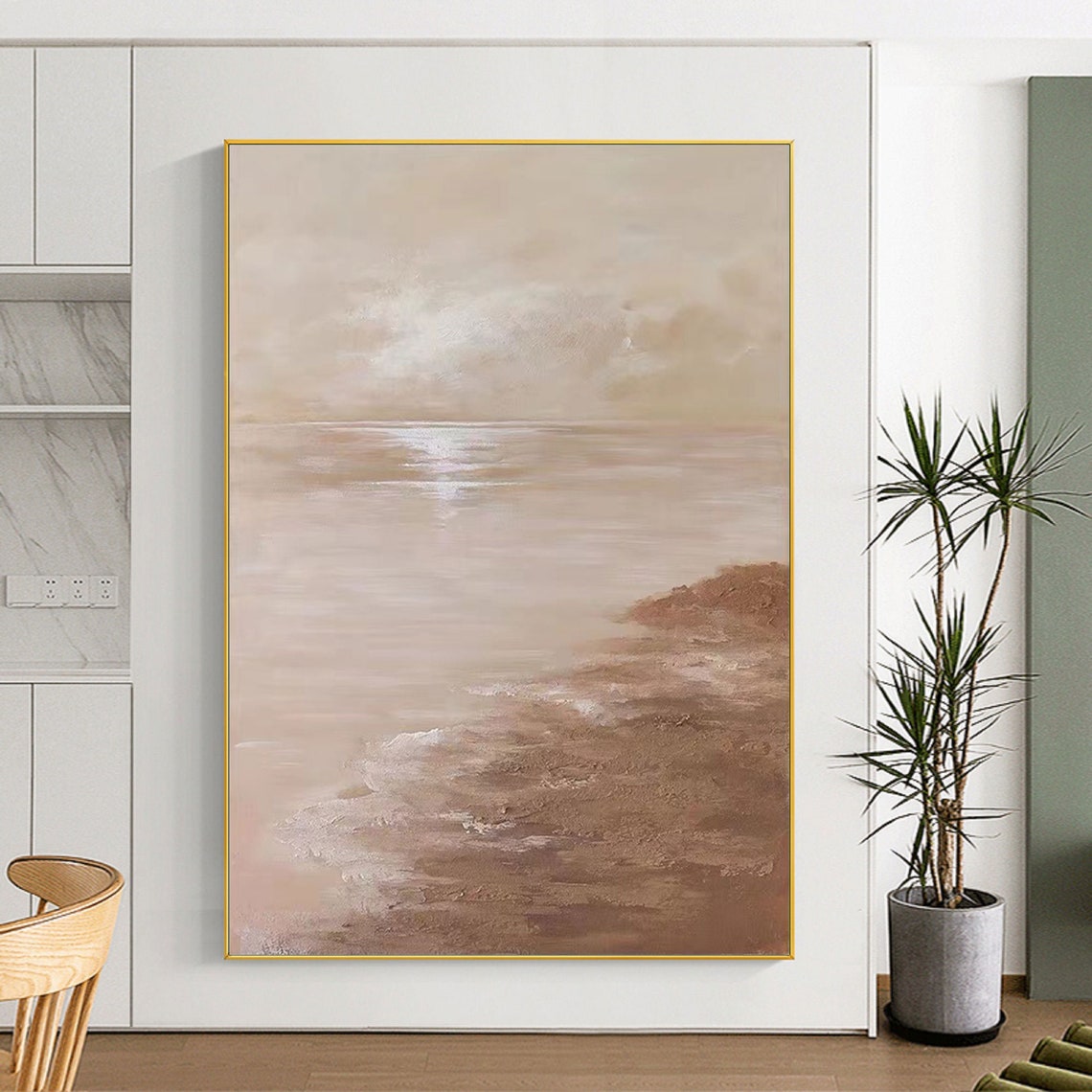 Beige Cloudy Sky Calm Sea Rocky Shore Sunset Coastal Scene Poster