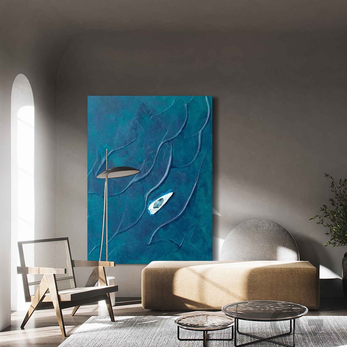 Turquoise Aerial Ocean White Canoe Abstract Minimalist Painting Wall Art - Image 2