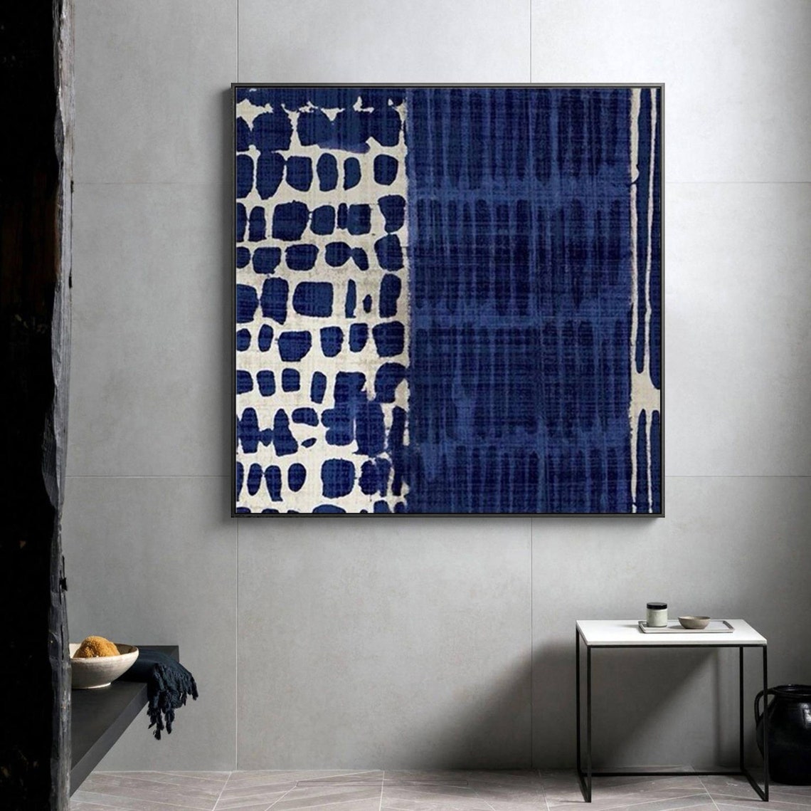 Navy Blue Cream Abstract Indigo Pebble Streak Modern Textile Poster - Image 5