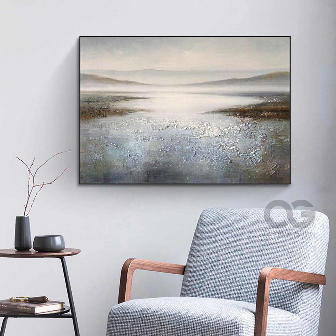 Misty Abstract Lake Seascape Distant Hills Textured Modern Painting Wall Art - Image 3