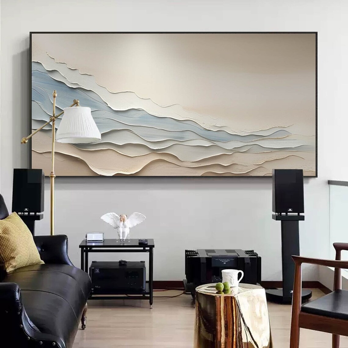 Beige Sand Blue Layered Waves Textured Wabi Sabi Minimalist Modern Wall Art - Image 5