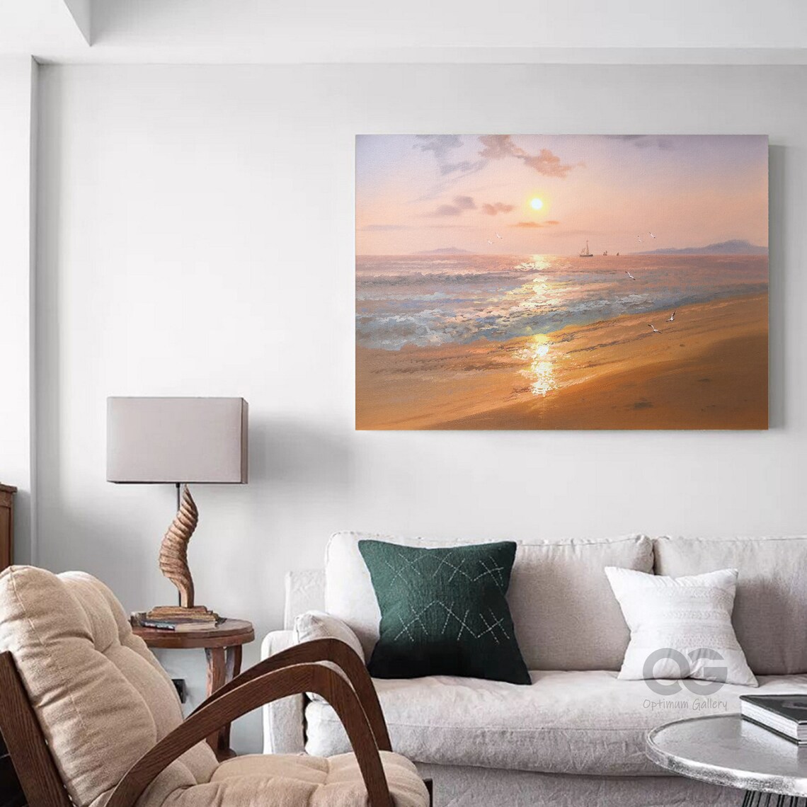 Golden Sunset Ocean Painting Sunlit Waves Beach Shore Seagull Wall Art Poster - Image 3
