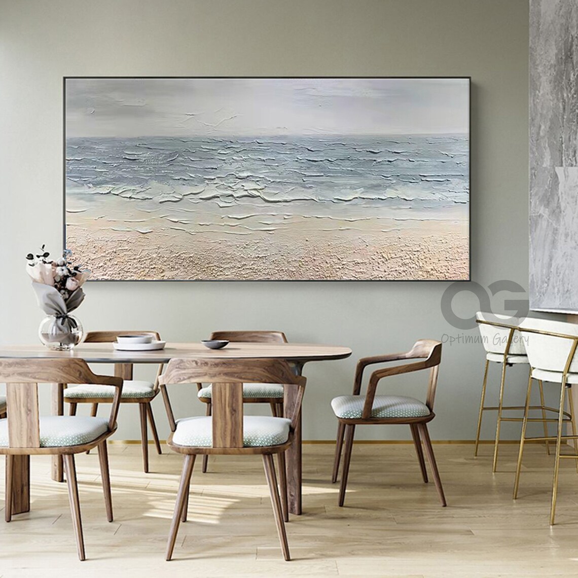 Textured Ocean Waves Painting Grey Blue Palette Knife Sandy Shore Wall Art Poster - Image 4
