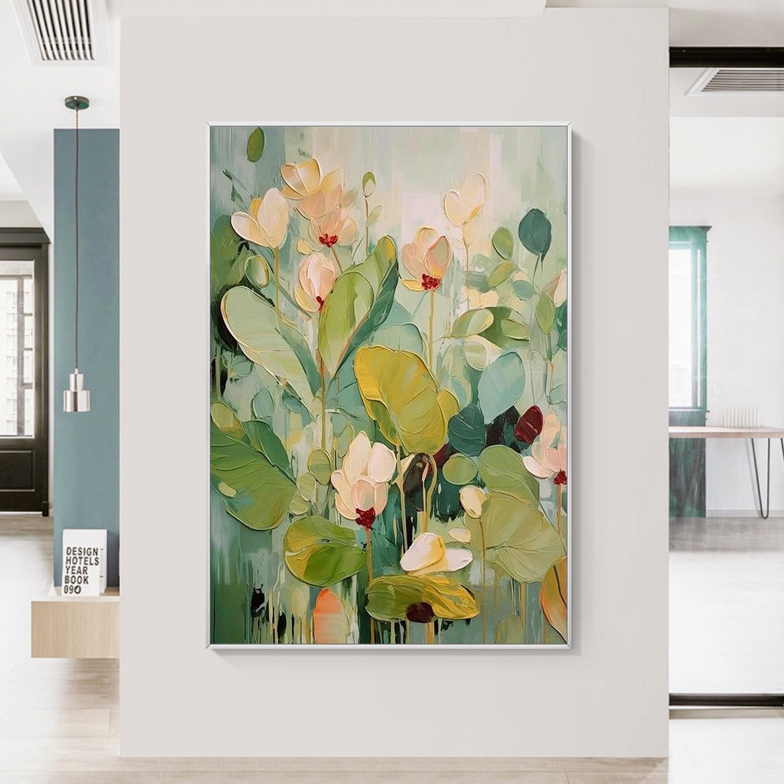 Original Garden Painting On 3dtexture Painting Green Wall Art Colorful Flower Painting Living Room Wall Art Teal Luxurious Floral Art - Image 2