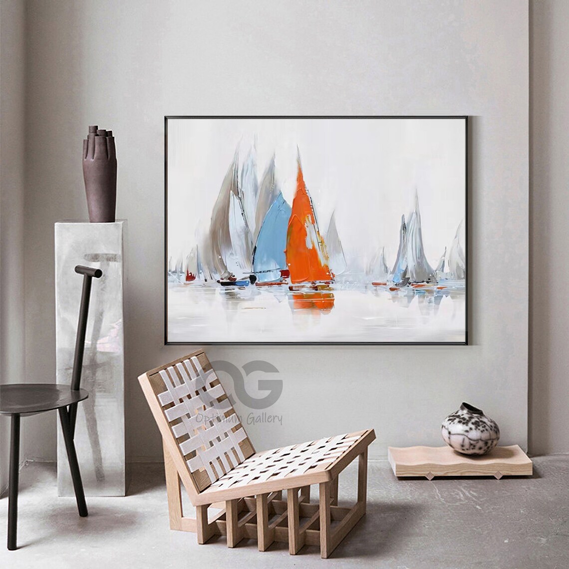 Abstract Sailboat Painting Orange Sail Grey White Sails Calm Water Wall Art Poster - Image 3