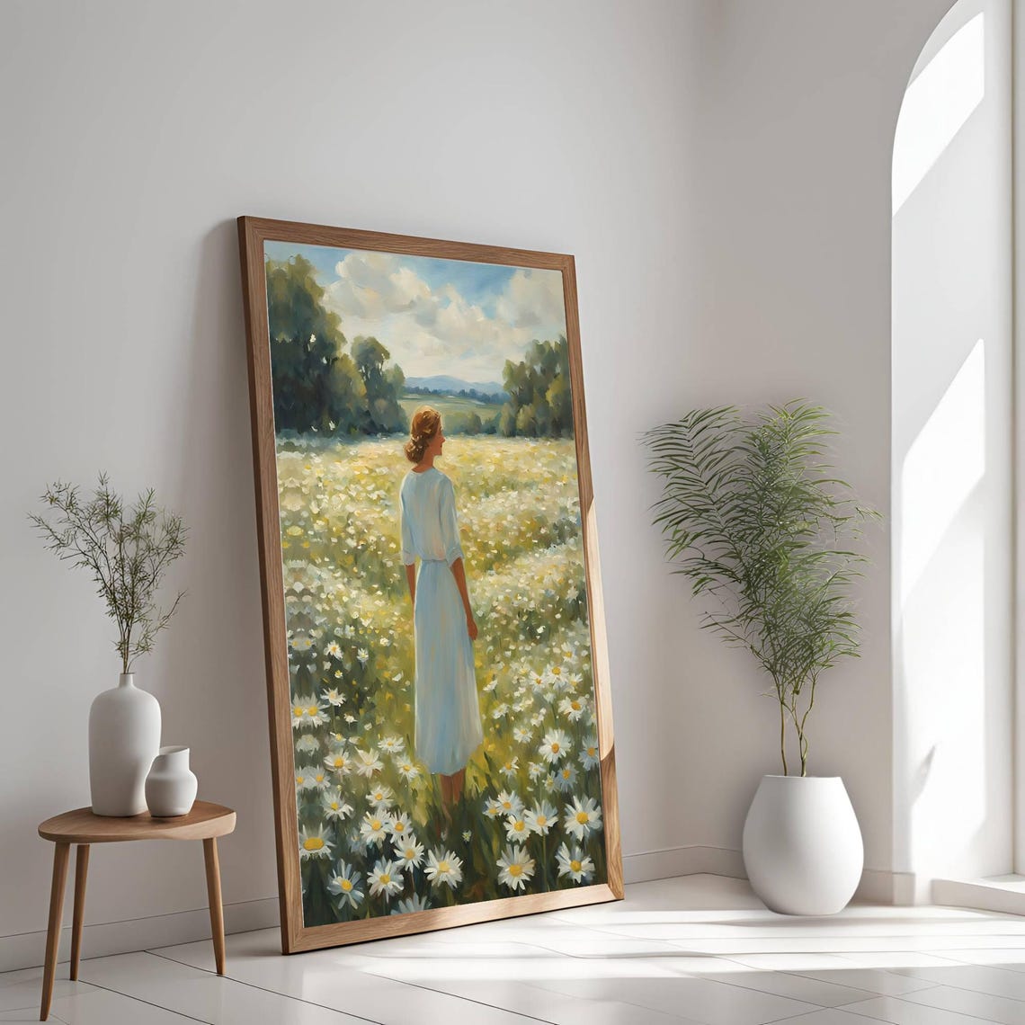 Vintage Daisy Field With Beautiful Woman Oil Painting Country Landscape Art Print Antique Portrait Nature Painting Daisy Print - Image 2