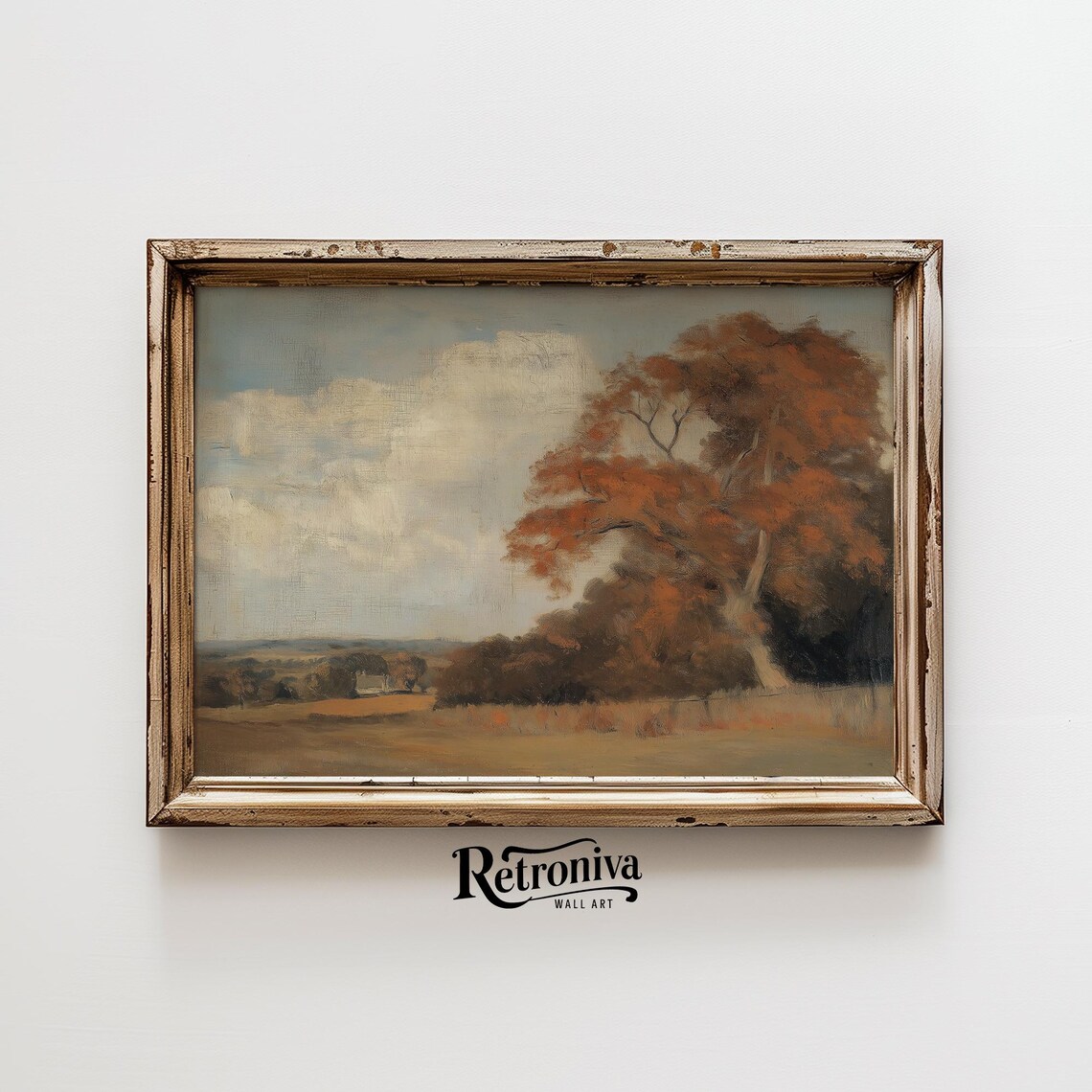 Muted Fall Tree Cloudy Sky Rustic Landscape Vintage Oil Painting Poster - Image 6