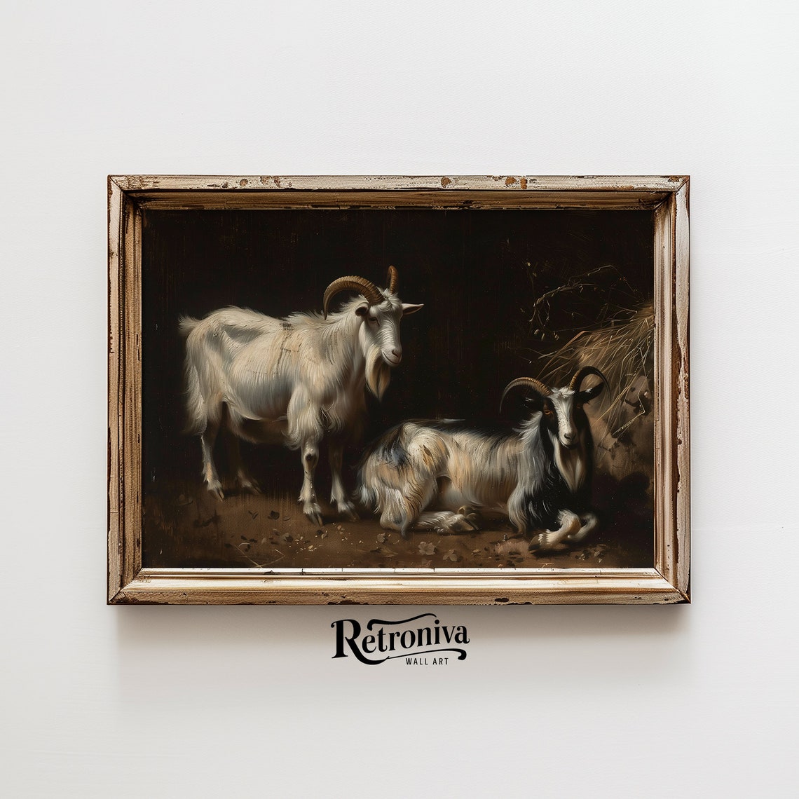 Two Goats In Dark Barn Vintage Rustic Farm Animal Painting Poster - Image 4