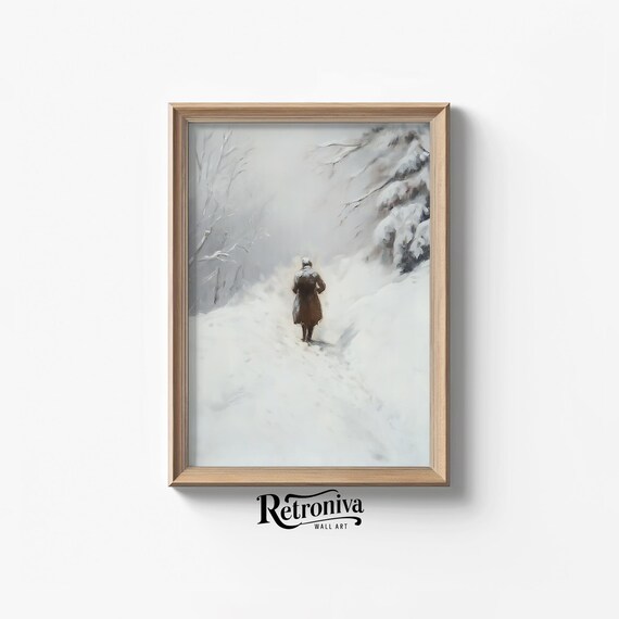 Lone Man Walking on Snowy Path White Winter Vintage Painting Poster