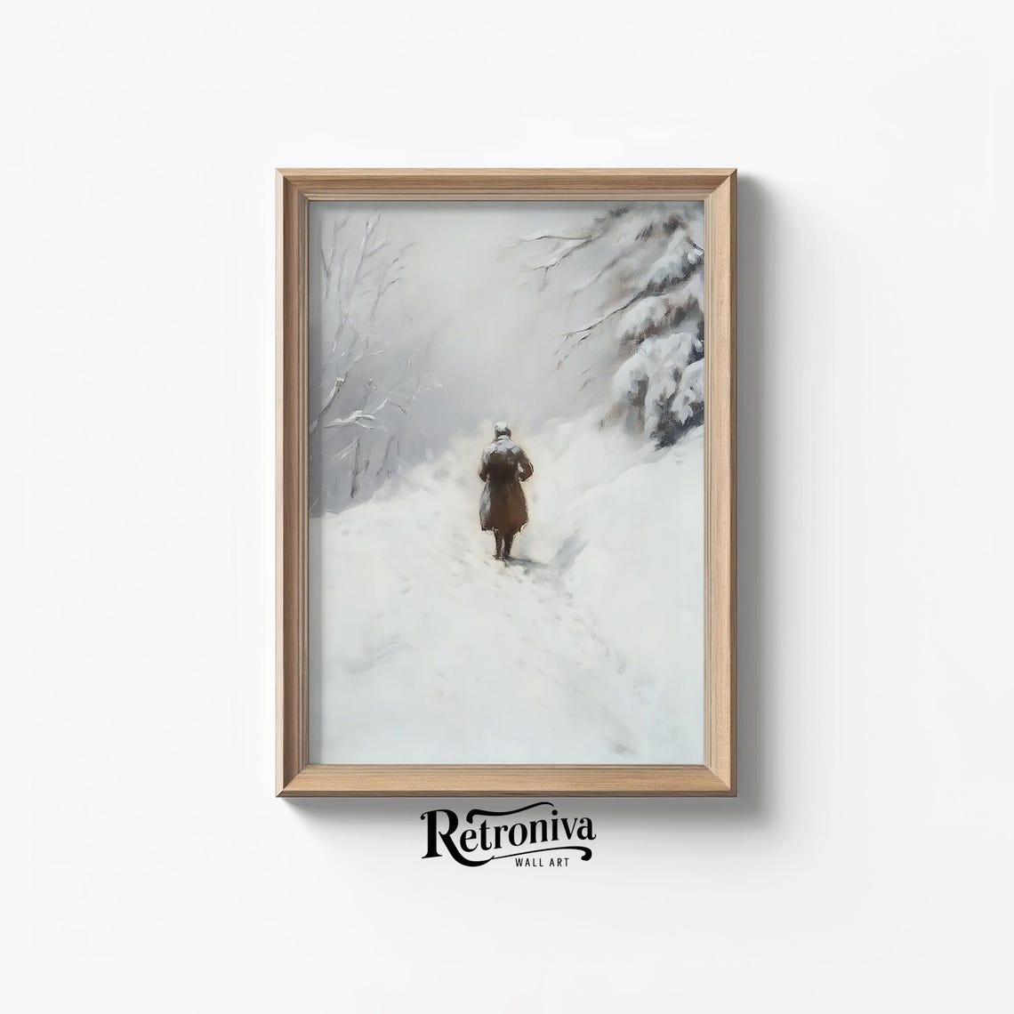 Lone Man Walking on Snowy Path White Winter Vintage Painting Poster