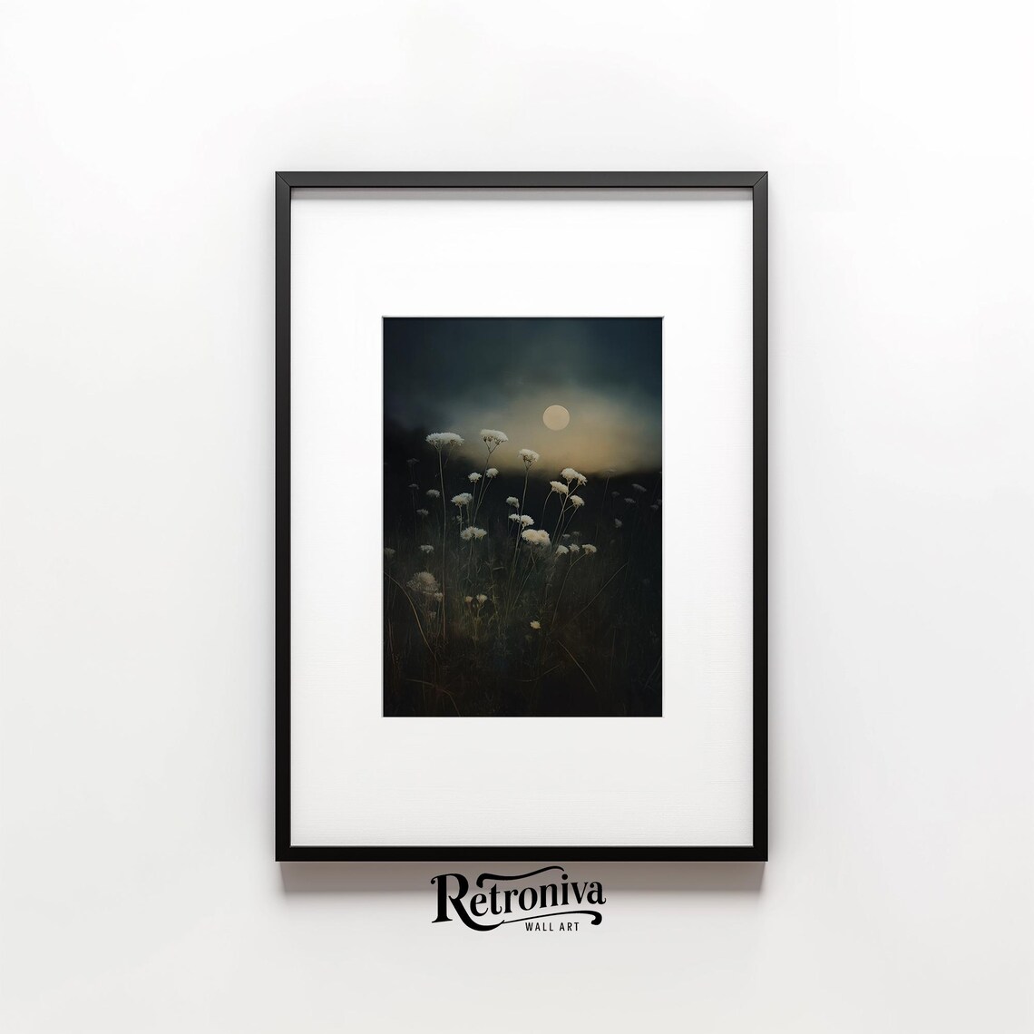 Dandelions Under Full Moon Dark Moody Night Meadow Vintage Painting Poster - Image 6