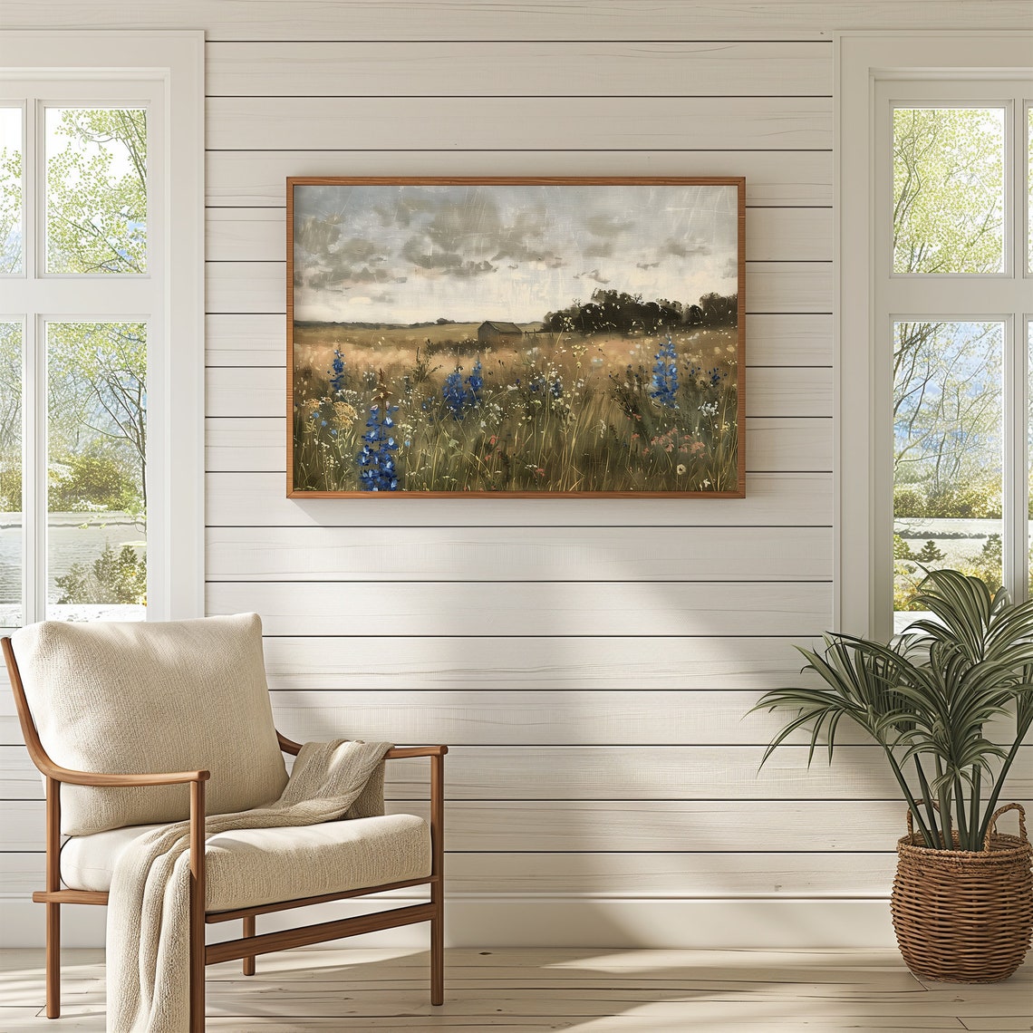 Muted Wildflower Field With Blue Blossoms And A Distant Barn Poster - Image 3