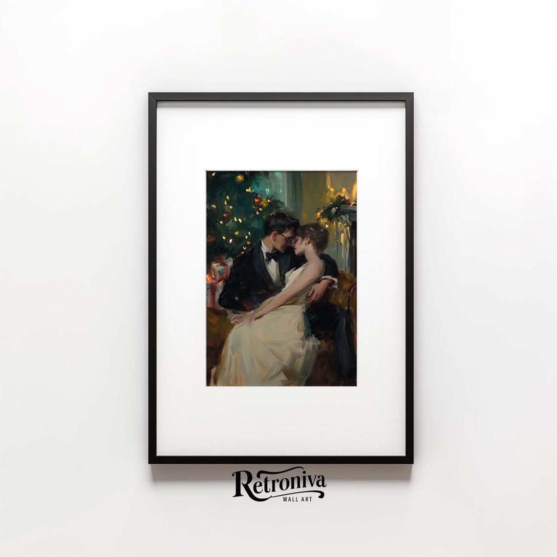 Couple In Love On Christmas Eve Vintage Oil Painting Romantic Winter Night Art Kissing Couple Wall Decor Retroniva Art Cpl 011 - Image 3