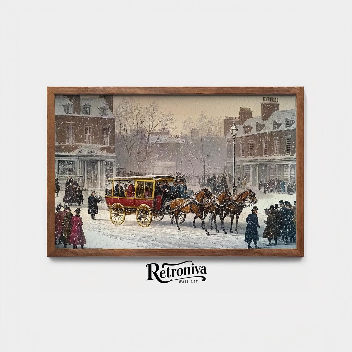 Winter Cityscape With Horse Carriage Vintage Oil Painting People In Old Town Center Farmhouse Wall Decor Retroniva Art Wnt 026 - Image 4