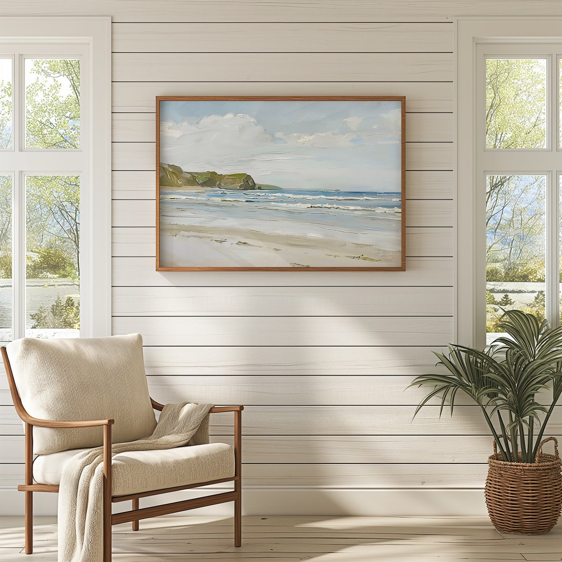 Calm Beach Waves and Distant Cliffs Soft Blue Nautical Poster - Image 3