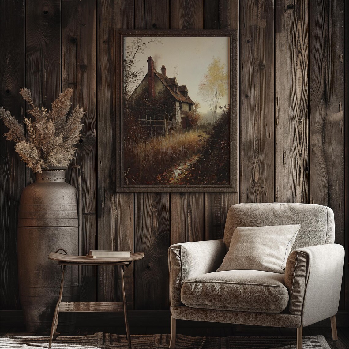 Old English Cottage in Autumn Grasses Rustic Fall Landscape Poster - Image 3