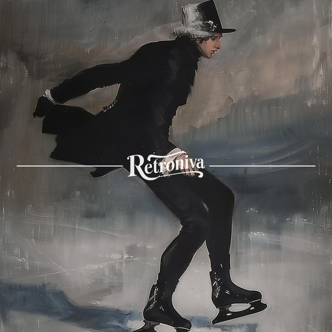 Victorian Gentleman Ice Skating in Top Hat Moody Winter Painting Poster - Image 7