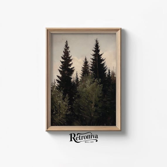 Muted Pine Forest Scene Vintage Oil Painting Rustic Woodland Art Moody Pine Tree Print Nursery Decor Retroniva Art Lnd 005