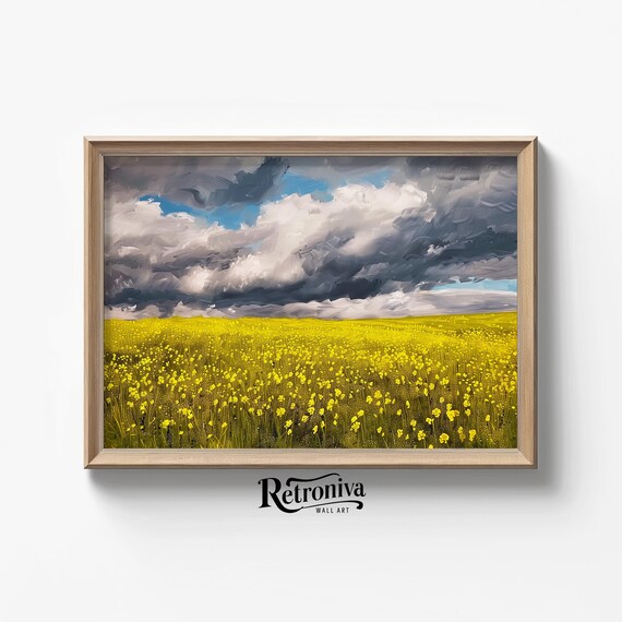 Yellow Wildflower Field Under Storm Clouds Dramatic Meadow Painting Poster