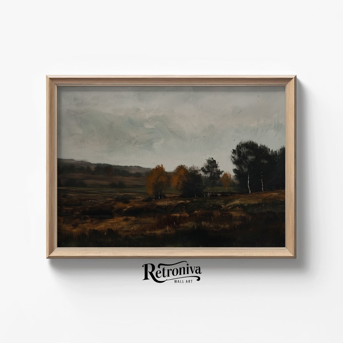Dark Moody Autumn Marsh Fields Sparse Trees Vintage Landscape Poster