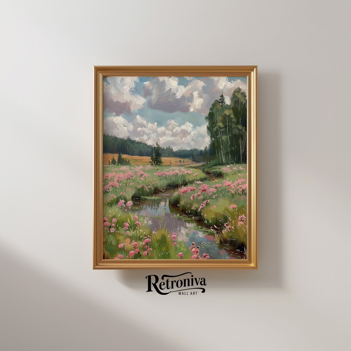 Pink Wildflower Field Landscape Art Print - Image 2