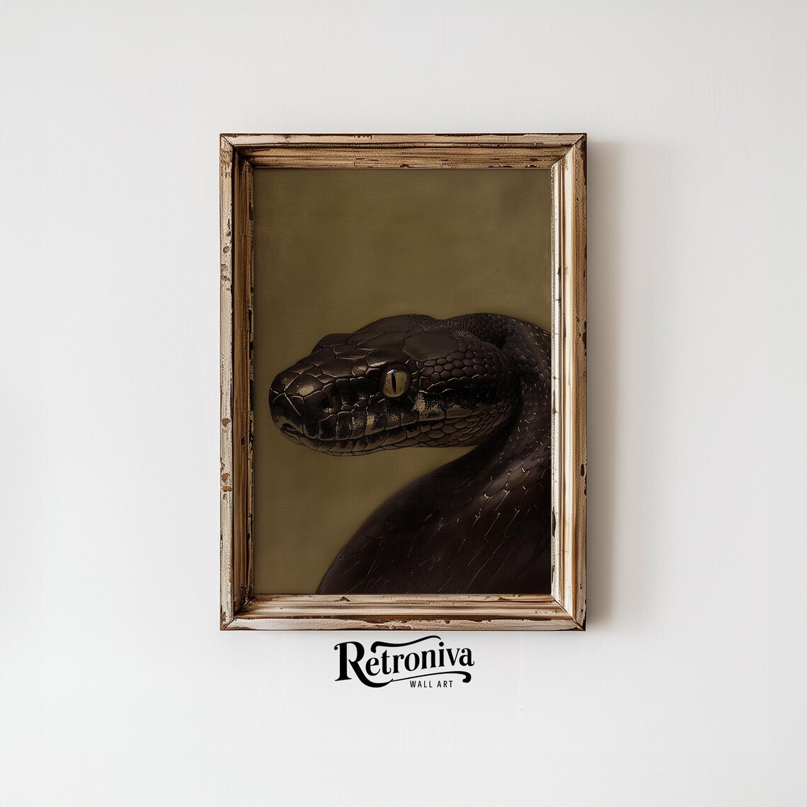 Moody Dark Snake Portrait Vintage Oil Painting On Gold Poster - Image 4