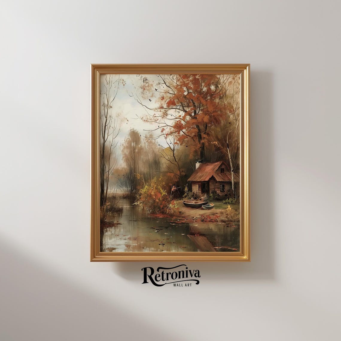 Autumn Riverside Cabin Vintage Fall Landscape Oil Painting Poster - Image 2